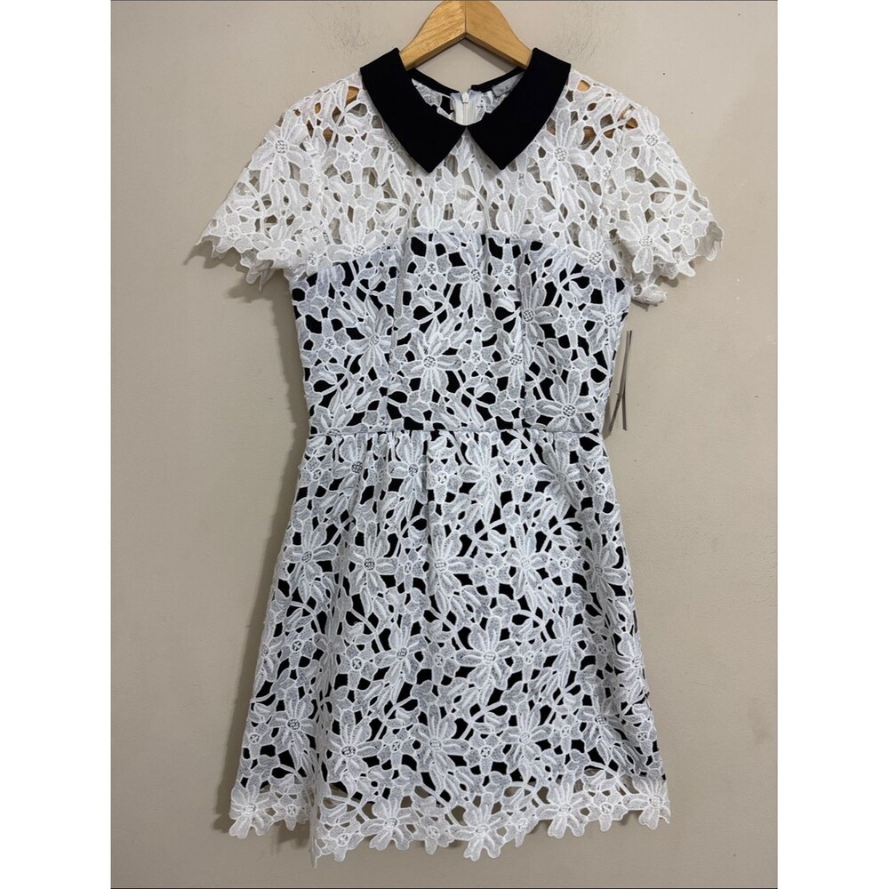 NWT Aqua White Floral Lace Fit and Flare Dress Black Collar size L Graduation
